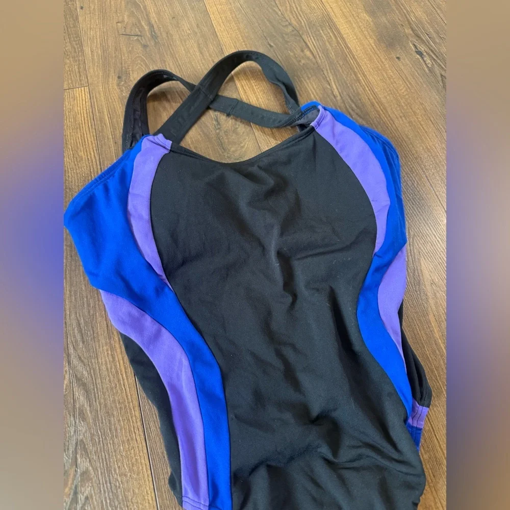 Land’s End Black One-Piece Swimsuit with Blue and Purple Accent Panels Size 10P